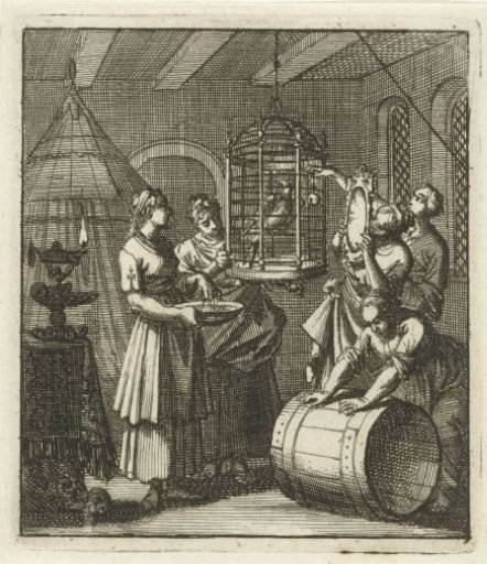 Five maidservants look at a magpie in a cage