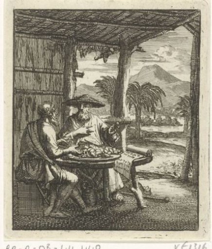 Hermit and his visitor sit at a table in an open hut