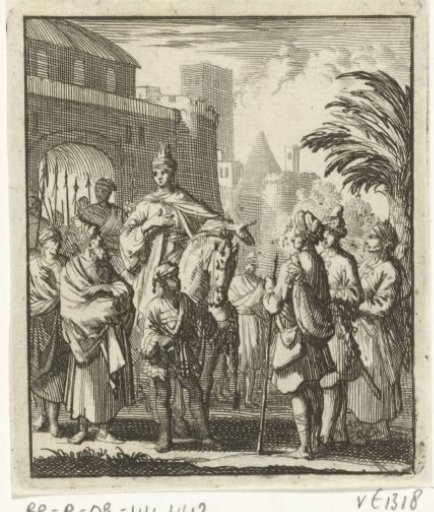 Stranger, appointed king, is led on horseback to the city gate
