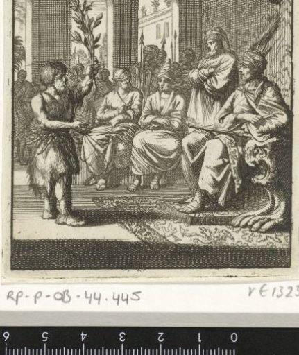 Peasant speaking with an olive branch in hand to the prince and his counselors