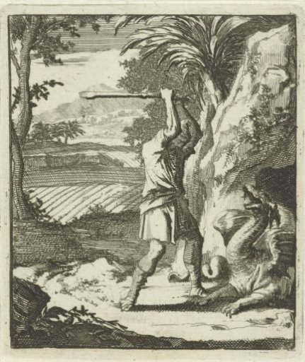 Man fighting with a stick a dragon that has emerged from its lair