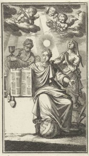 Virtue, flanked by Faith and Hope, displaying the Gospel
