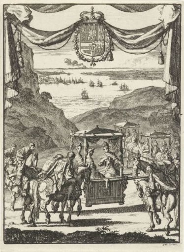 Writer Marie-Catherine d'Aulnoy in a sedan chair greeted by five horsemen