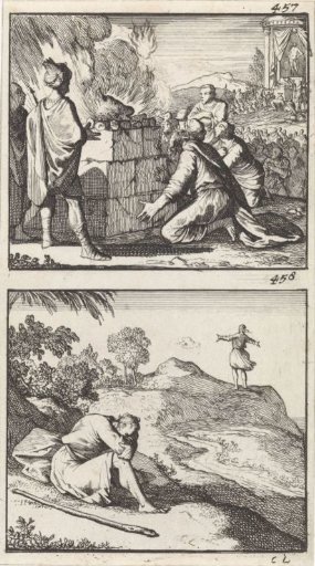 Elijah's sacrifice consumed by fire / Elijah's servant sees a small cloud of rain