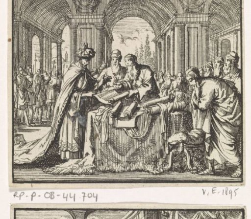 King Ptolemy Philadelphus studies the Hebrew law scrolls