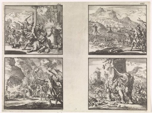 Mattathias stabs a Jew / Soldiers of Antiochus Epiphanes act violently on the Sabbath / Judas Maccabaeus fights the army of Antiochus Eupator / Eleazar kills the armed elephant