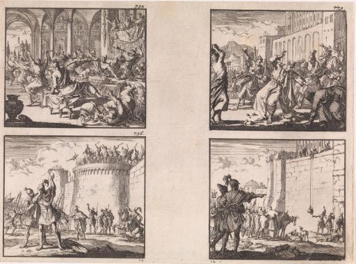 Simon murdered at a banquet by order of his son-in-law Ptolemy / John Hyrcanus covers his face during the siege of Dagon / Onias stoned by the people in Jerusalem / The Jewish priests locked in the temple try to provide themselves with sacrificial animals for the Passover feast