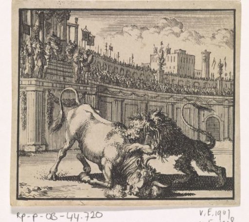 Fight between a bull and a lion in an amphitheatre in Jerusalem