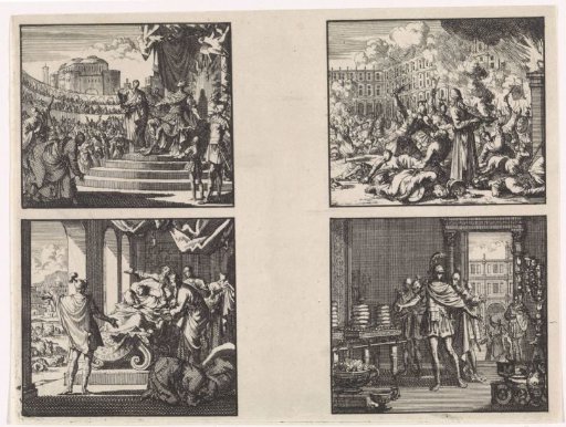 King Agrippa sees an owl above his throne / King Agrippa dies surrounded by courtiers / Surprise attack on the temple by the soldiers of Pompey / Pompey takes the temple in Jerusalem