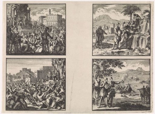 Pilate on the bench of justice in Caesarea / Pilate disperses a Jewish conspiracy / Elijah throws salt into the spring / Plucked Sodom apples turn to smoke while people thrown by Vespasian into the Dead Sea continue to float