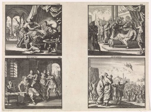 Herod in bed is prevented from killing himself by a warrior / Antipater is killed in prison by order of his father Herod / Peter, surrounded by a cheering crowd, has raised a dead person to life / Simon the Magician tries to fly