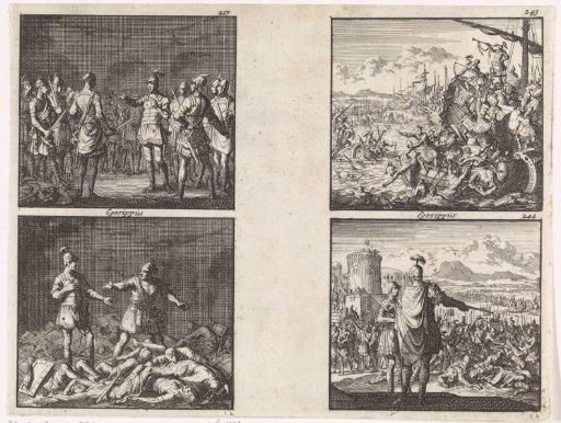 Josephus is threatened by soldiers in a cistern at Jotapata / Josephus remains with a companion after the others have killed each other / Romans fight on the Sea of Tiberias / Vespasian orders the captured Jews to be killed