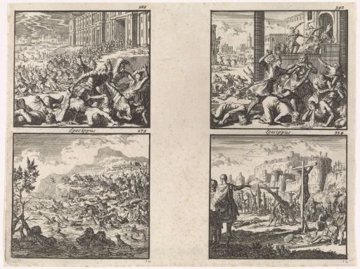 From the temple the Jews attack the Idumeans / Placidus defeats the Jews at the Jordan / Famine in Jerusalem / Titus has captured Jews crucified