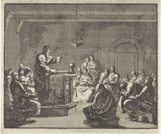 Early Christian congregation listens to a sermon