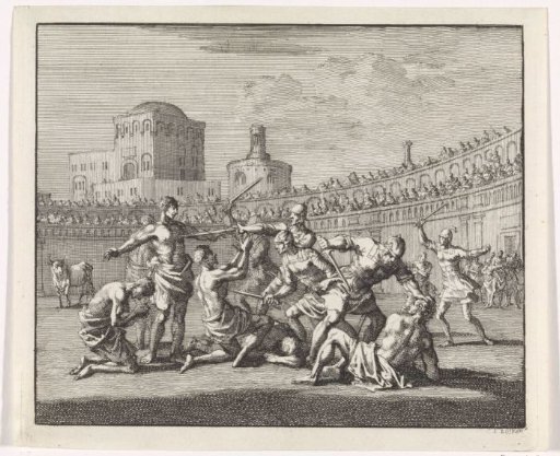 Early Christian martyrs are slaughtered in an arena