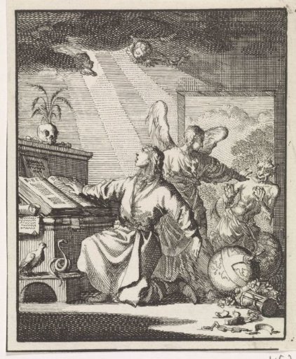 Man Kneeling Before a Bible While an Angel Drives Away the Devil