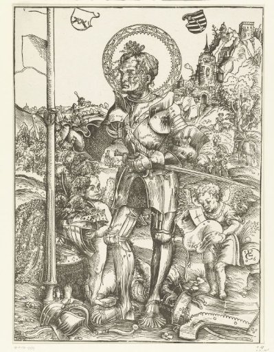 Saint George (Georgius) standing with a lance and two angels
