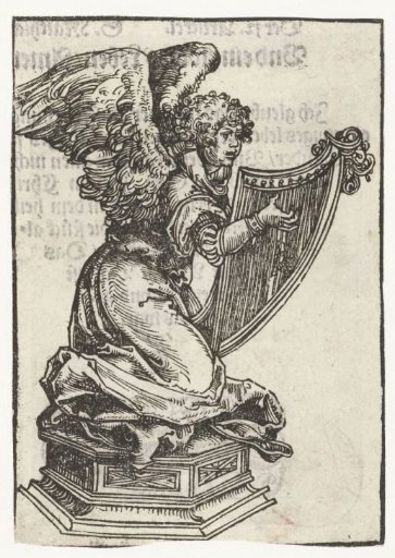 Statue of a kneeling angel with a harp