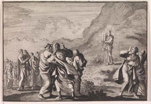 Moses receives the tablets of the Law and shows them to the people