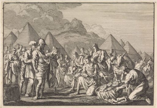 The Gibeonites show Joshua their mouldy bread and their old clothes