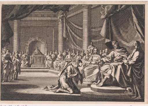 During a meeting, Antipater kneels before his father Herod