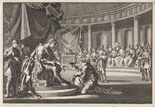 Archelaus, son of Herod, kneels in Rome before Emperor Augustus