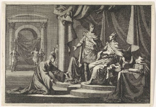 Pheroras kneels in penitential garb before his brother Herod