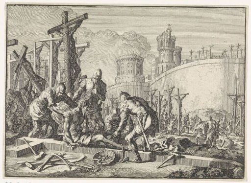 During the siege of Jerusalem, a number of captive Jews are crucified by the Romans
