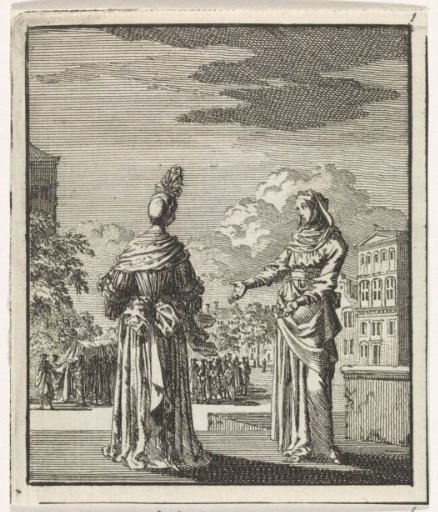 Woman points out a passing funeral procession to a lady