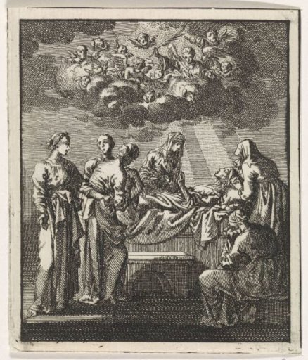 Woman on her deathbed surrounded by mourning figures