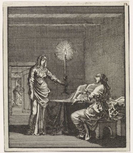 Woman lights a candle for a woman reading in a dark room