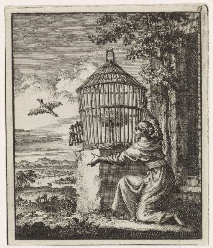 Woman frees a bird from a cage