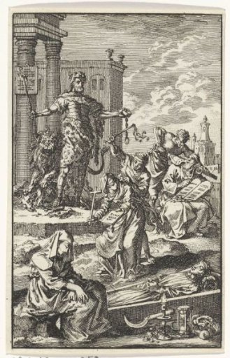 Tyrant watches as the personifications of the Law and Faith are oppressed