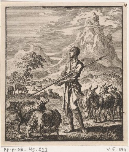 Moses with His Shepherd's Staff Under His Arm Stands Amidst His Flock in the Wilderness of Midian