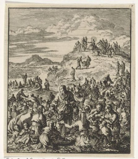 Apostles Distribute Bread to the Crowd, Christ Sits on Top of a Mountain