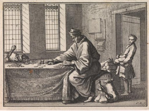 Man Counting Coins and a Boy Bringing Him Money Bags