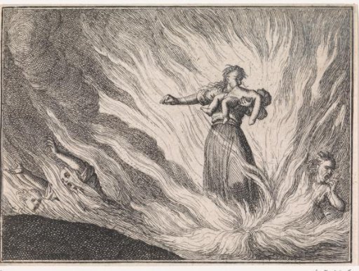 Woman tearing a child apart with her teeth amidst hellish flames
