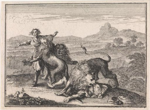 Two Abyssinian noblemen are torn apart by lions on the field they ruined during their hunt