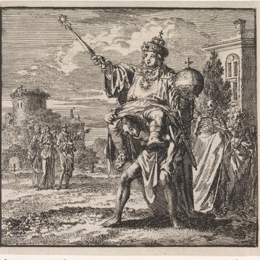 Man bends under the weight of the dignitary on his back, whose cloak is carried by death and the devil.
