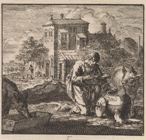 Poor man sits among the pigs and takes food from a vessel in the shape of the world.