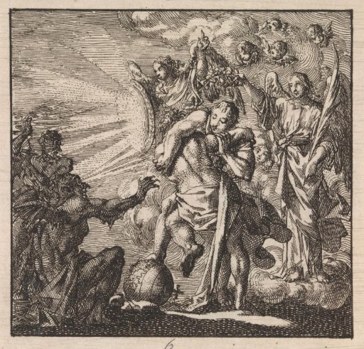 Wrestling match between personifications of Resignation and Self-will.
