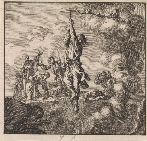 Above a volcano, a man hangs from a rope, which is cut by death.