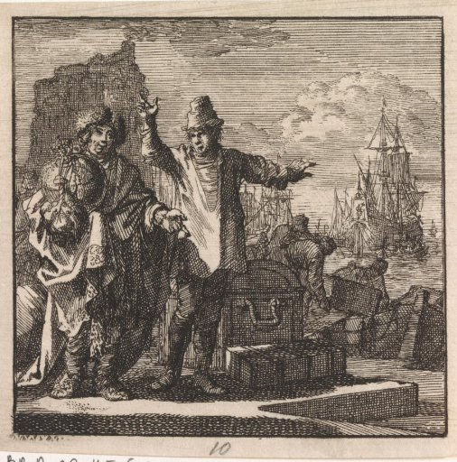 Conversation in the harbor between a man with the world in his hands and a poorly dressed man with treasures.