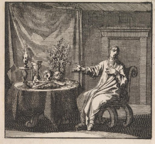 Woman pointing at the vanitas symbols on the table before her