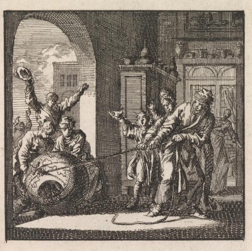 Several persons pulling the world on a cord into their house