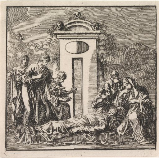 Six persons mourning at a deceased person