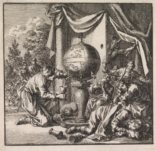 Drunken figures around a tap in the shape of a globe