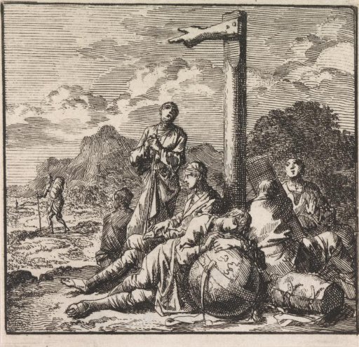 Six figures sitting at a signpost with the world