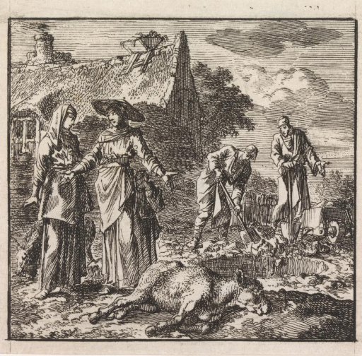 Two women with a drowned calf