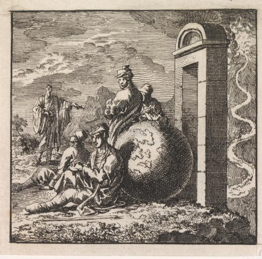 Several men rest at the world before the narrow gate